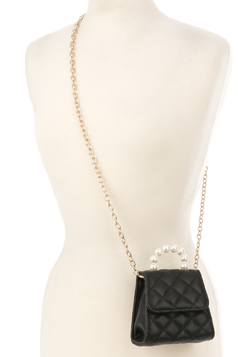 Mini Quilted Square Crossbody Purse with Faux Pearl Handle