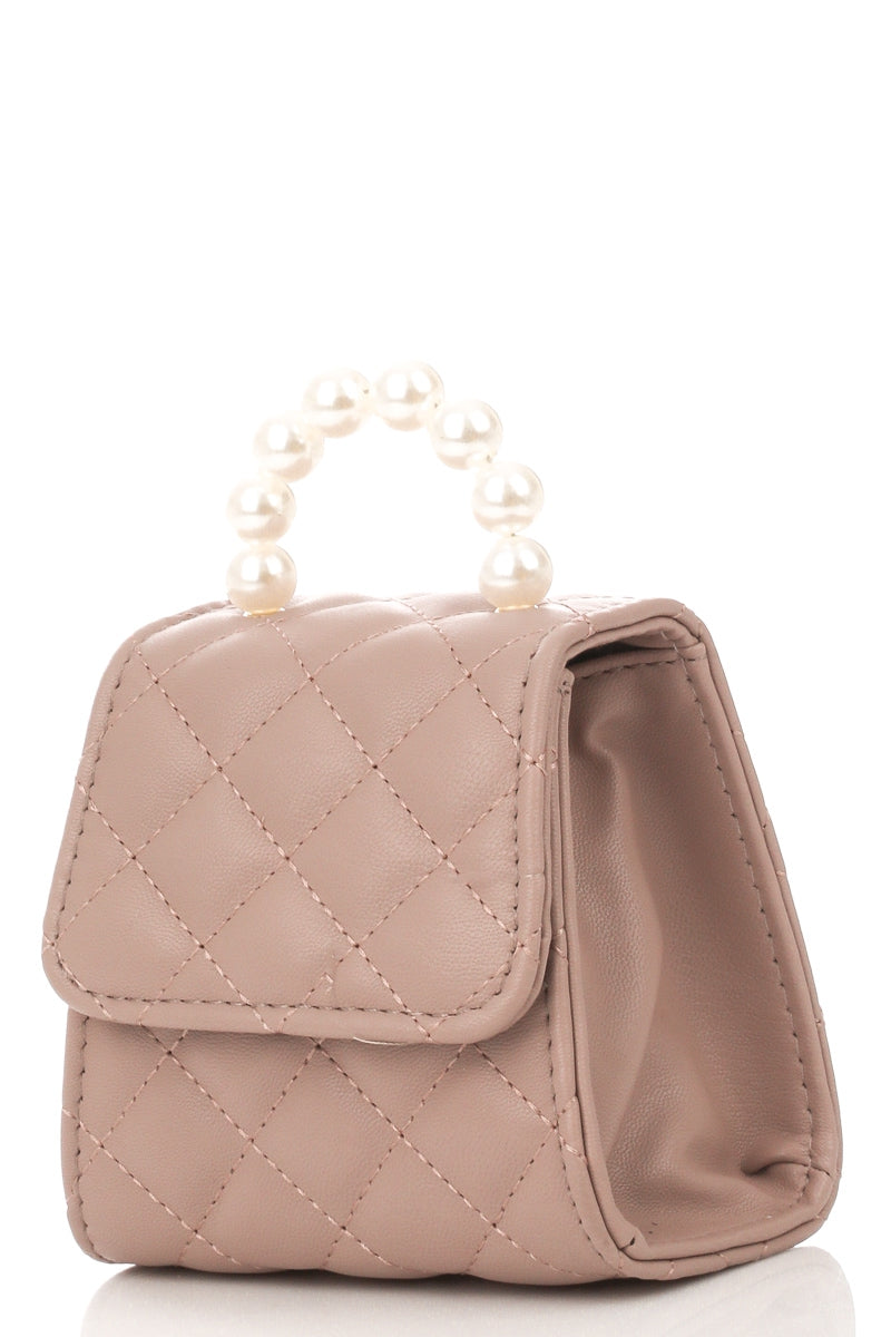 Mini Quilted Square Crossbody Purse with Faux Pearl Handle